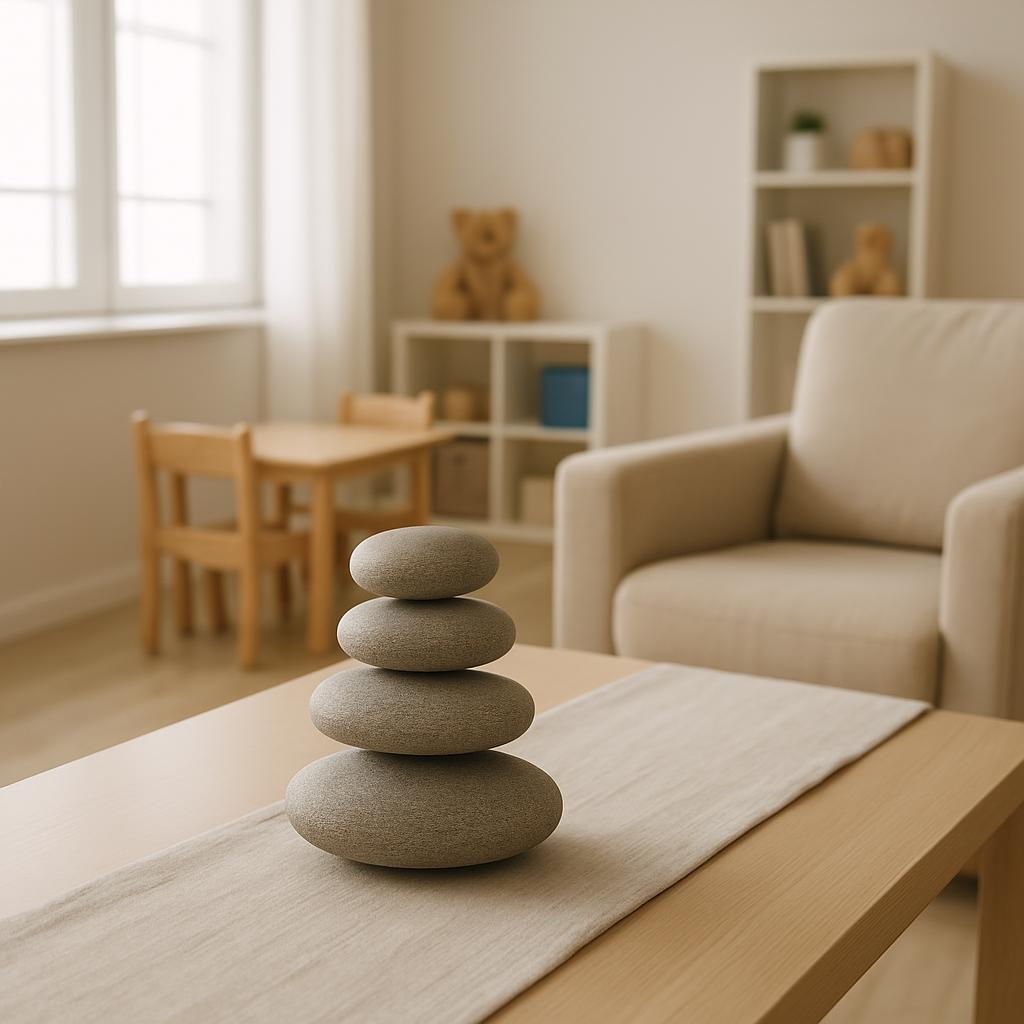 A photograph of a small stack of smooth, gray stones balanced on a light-colored table in a child's living room.
